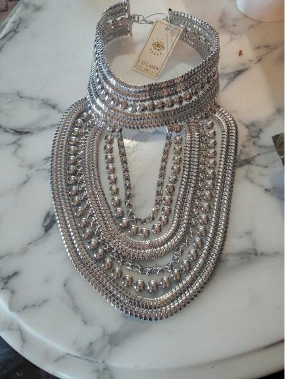 NWT Eye Candy Los Angeles Silver Statement Bib Necklace Layered Chunky Collar